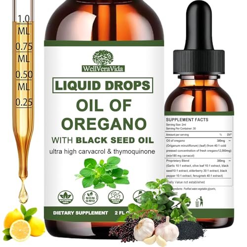Oreganoöl mit Schwarzkümmelöl, 7-in-1 Bio Oreganoöl Tropfen mit Knoblauch, Holunderbeere, Olivenblatt, Carvacrol & Thymol | Pflanzliches Nahrungsergänzungsmittel für Immunsystem und Antioxidantien-Unterstützung | Vegan