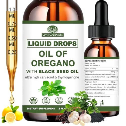 Oreganoöl mit Schwarzkümmelöl, 7-in-1 Bio Oreganoöl Tropfen mit Knoblauch, Holunderbeere, Olivenblatt, Carvacrol & Thymol | Pflanzliches Nahrungsergänzungsmittel für Immunsystem und Antioxidantien-Unterstützung | Vegan