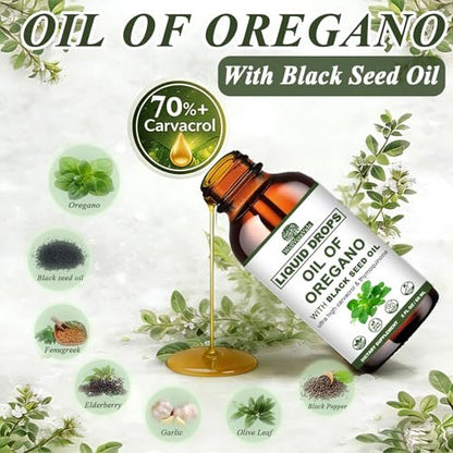 Oreganoöl mit Schwarzkümmelöl, 7-in-1 Bio Oreganoöl Tropfen mit Knoblauch, Holunderbeere, Olivenblatt, Carvacrol & Thymol | Pflanzliches Nahrungsergänzungsmittel für Immunsystem und Antioxidantien-Unterstützung | Vegan
