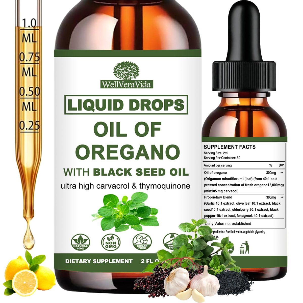 Oreganoöl mit Schwarzkümmelöl, 7-in-1 Bio Oreganoöl Tropfen mit Knoblauch, Holunderbeere, Olivenblatt, Carvacrol & Thymol | Pflanzliches Nahrungsergänzungsmittel für Immunsystem und Antioxidantien-Unterstützung | Vegan