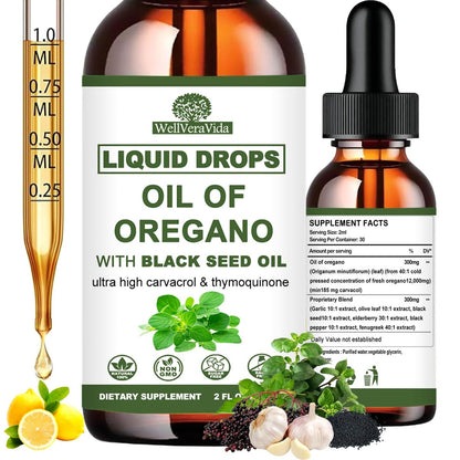 Oreganoöl mit Schwarzkümmelöl, 7-in-1 Bio Oreganoöl Tropfen mit Knoblauch, Holunderbeere, Olivenblatt, Carvacrol & Thymol | Pflanzliches Nahrungsergänzungsmittel für Immunsystem und Antioxidantien-Unterstützung | Vegan