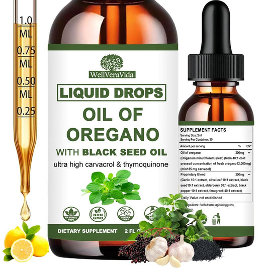 Oreganoöl mit Schwarzkümmelöl, 7-in-1 Bio Oreganoöl Tropfen mit Knoblauch, Holunderbeere, Olivenblatt, Carvacrol & Thymol | Pflanzliches Nahrungsergänzungsmittel für Immunsystem und Antioxidantien-Unterstützung | Vegan