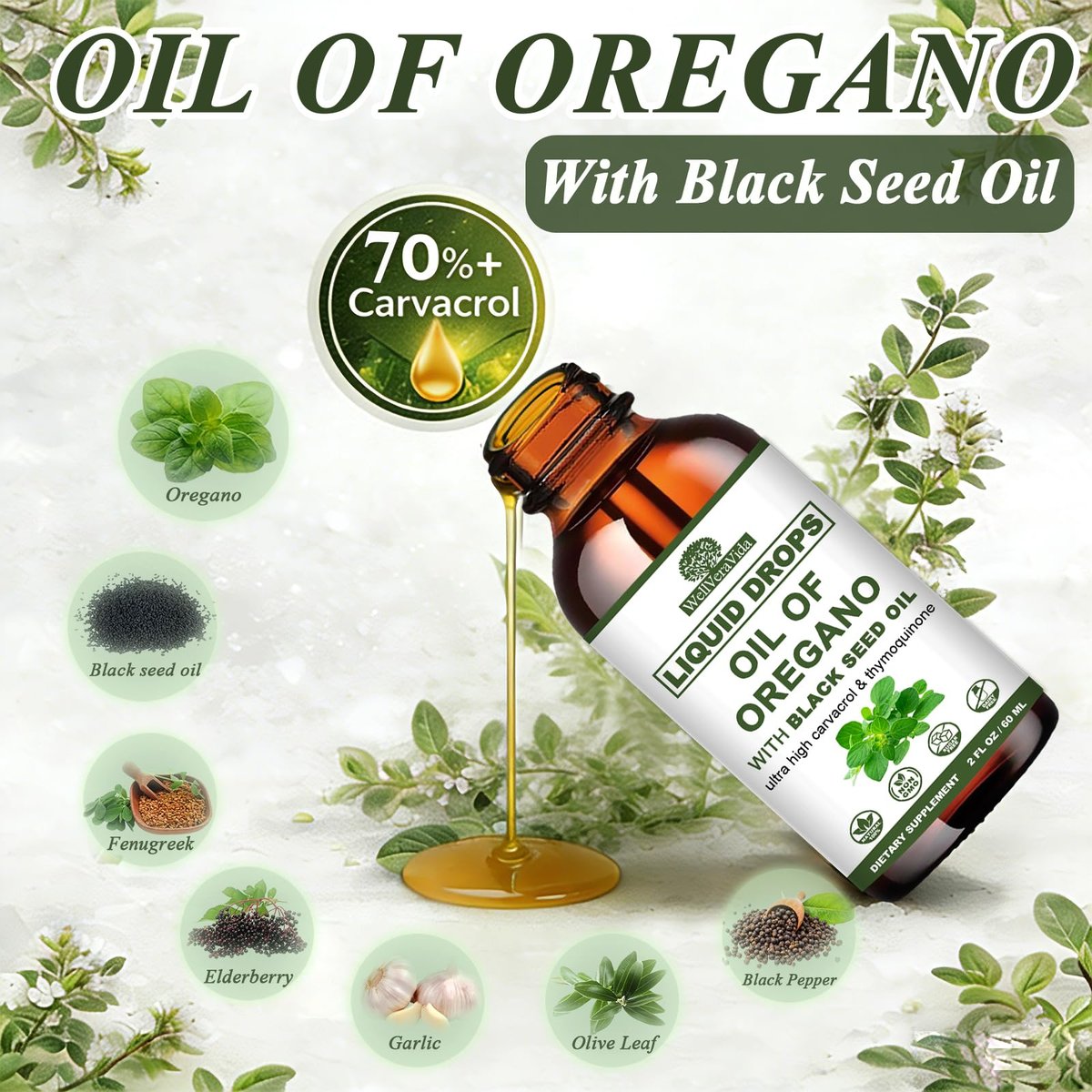 Oreganoöl mit Schwarzkümmelöl, 7-in-1 Bio Oreganoöl Tropfen mit Knoblauch, Holunderbeere, Olivenblatt, Carvacrol & Thymol | Pflanzliches Nahrungsergänzungsmittel für Immunsystem und Antioxidantien-Unterstützung | Vegan