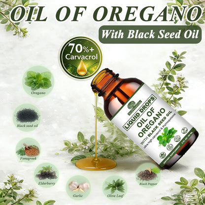 Oreganoöl mit Schwarzkümmelöl, 7-in-1 Bio Oreganoöl Tropfen mit Knoblauch, Holunderbeere, Olivenblatt, Carvacrol & Thymol | Pflanzliches Nahrungsergänzungsmittel für Immunsystem und Antioxidantien-Unterstützung | Vegan