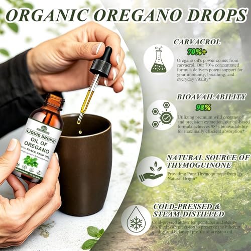Oreganoöl mit Schwarzkümmelöl, 7-in-1 Bio Oreganoöl Tropfen mit Knoblauch, Holunderbeere, Olivenblatt, Carvacrol & Thymol | Pflanzliches Nahrungsergänzungsmittel für Immunsystem und Antioxidantien-Unterstützung | Vegan