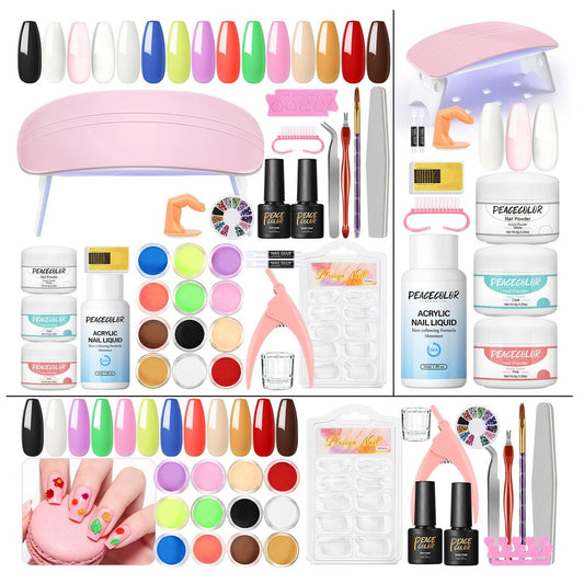 PEACECECOLOR Acryl-Nagelset mit UV-Licht, 3-teiliges Acrylpulver, Glitzerpulver, Dekorationen, Strasssteine, Nagelset für Anfänger, Geschenke für Frauen