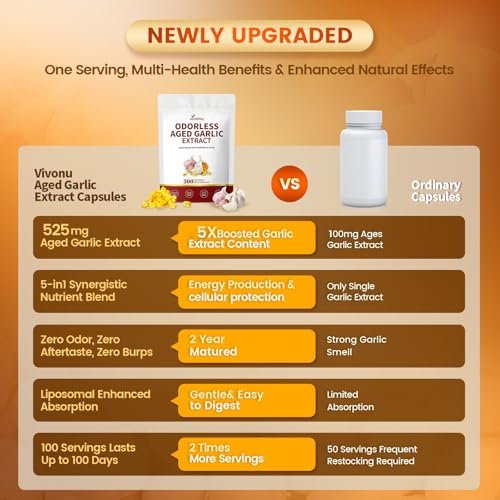 VivoNu Alter Knoblauch Extrakt Kapseln, Geruchlos, mit Magnesium, Chrom, B1 & B9, Unterstützt Immunsystem & Herzfunktion | 2 Jahre gereift | 300 Softgels