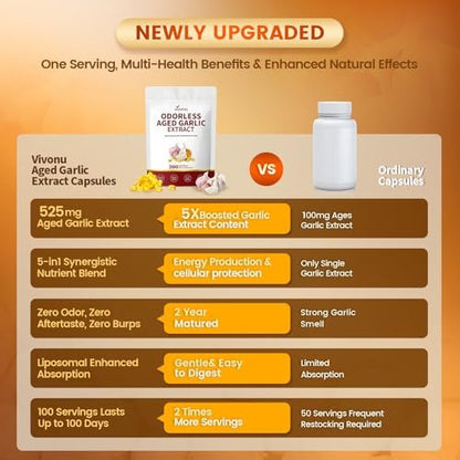VivoNu Alter Knoblauch Extrakt Kapseln, Geruchlos, mit Magnesium, Chrom, B1 & B9, Unterstützt Immunsystem & Herzfunktion | 2 Jahre gereift | 300 Softgels