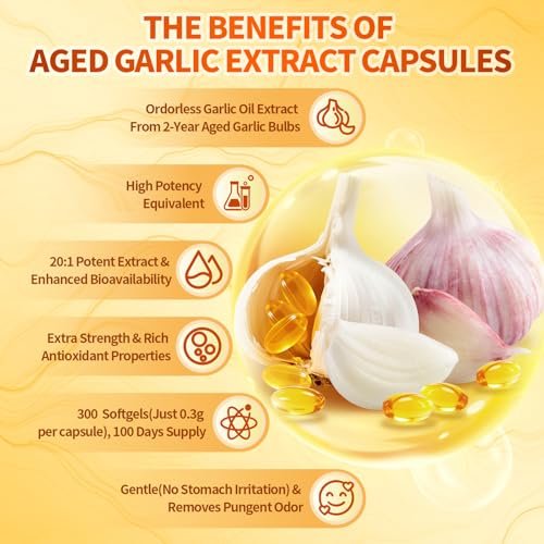 VivoNu Alter Knoblauch Extrakt Kapseln, Geruchlos, mit Magnesium, Chrom, B1 & B9, Unterstützt Immunsystem & Herzfunktion | 2 Jahre gereift | 300 Softgels