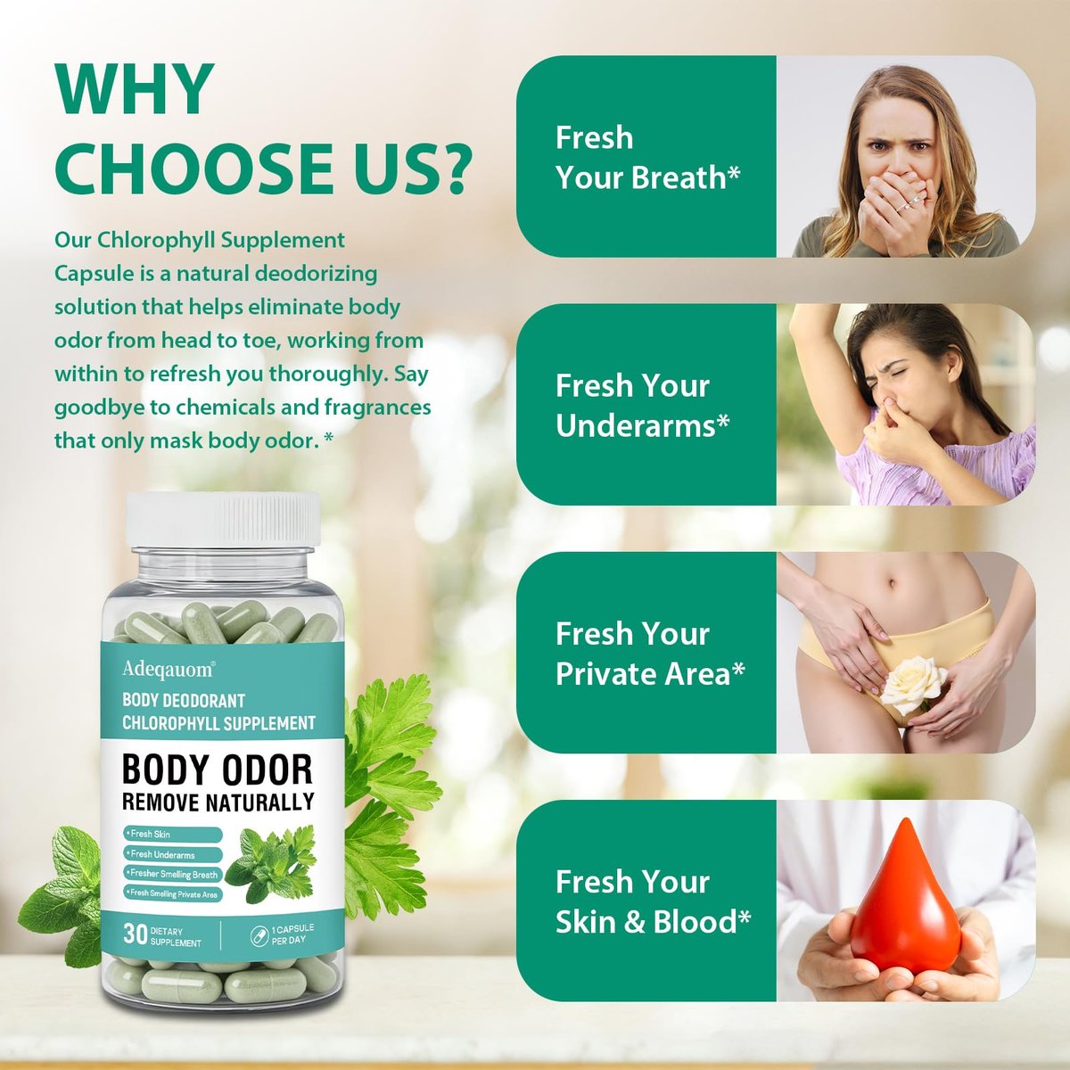 Chlorophyll Kapseln – Innerliches Deodorant für Frauen und Männer zur Unterstützung der Darmgesundheit, frischer Atem, Hautgesundheit, Entgiftung & Verdauung – natürlicher Geruchsentferner, vegan, nicht-GVO – 30 Kapseln