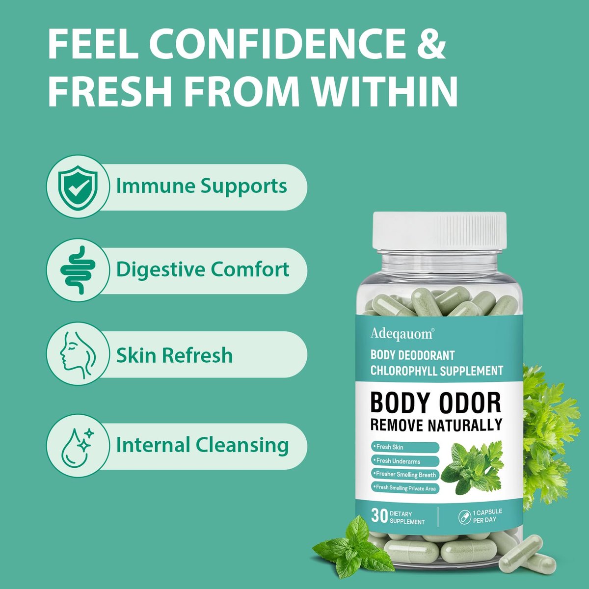 Chlorophyll Kapseln – Innerliches Deodorant für Frauen und Männer zur Unterstützung der Darmgesundheit, frischer Atem, Hautgesundheit, Entgiftung & Verdauung – natürlicher Geruchsentferner, vegan, nicht-GVO – 30 Kapseln