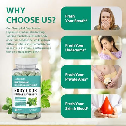 Chlorophyll Kapseln – Innerliches Deodorant für Frauen und Männer zur Unterstützung der Darmgesundheit, frischer Atem, Hautgesundheit, Entgiftung & Verdauung – natürlicher Geruchsentferner, vegan, nicht-GVO – 30 Kapseln