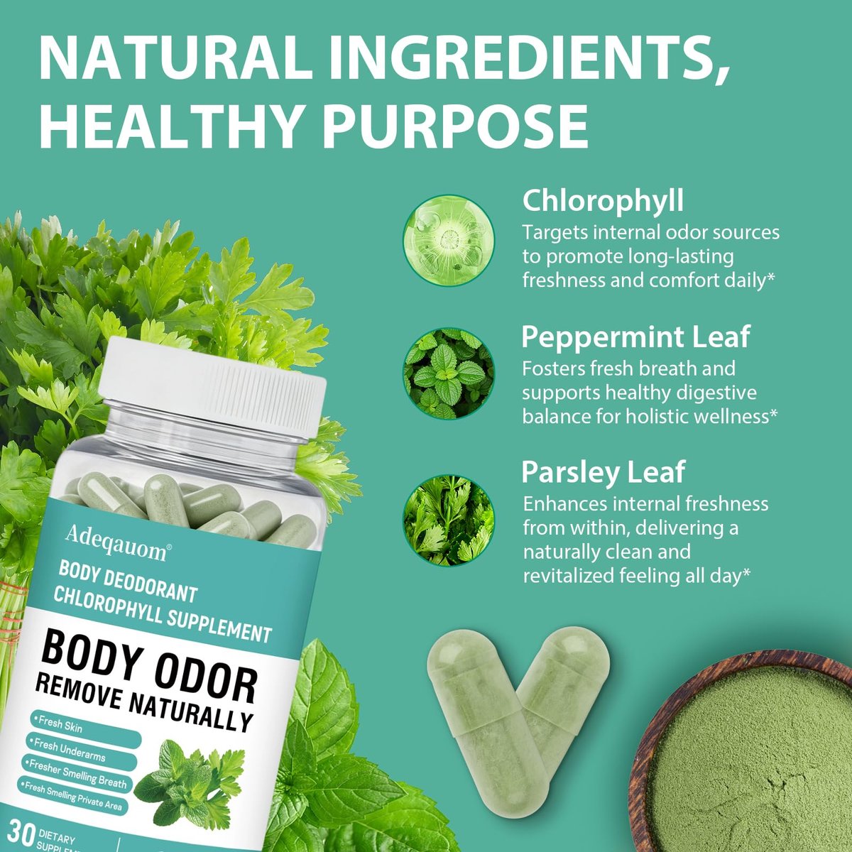 Chlorophyll Kapseln – Innerliches Deodorant für Frauen und Männer zur Unterstützung der Darmgesundheit, frischer Atem, Hautgesundheit, Entgiftung & Verdauung – natürlicher Geruchsentferner, vegan, nicht-GVO – 30 Kapseln