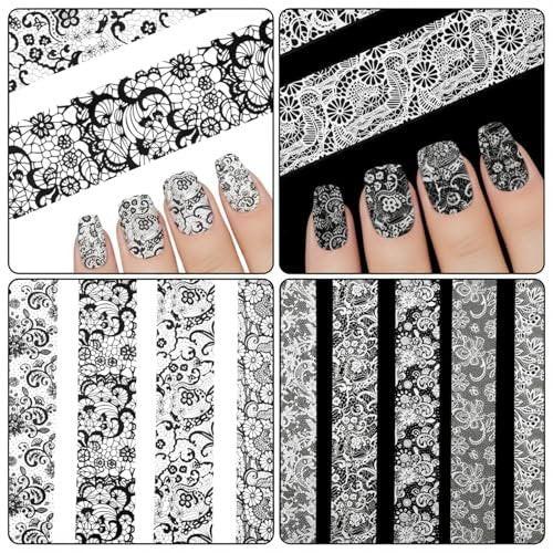 20 Rollen Weiße und Schwarze Spitzen-Nagelfolie Transferaufkleber Blumen Nagelkunst Dekofolien Nagelmaniküre Aufkleber für Frauen DIY Nageldekoration