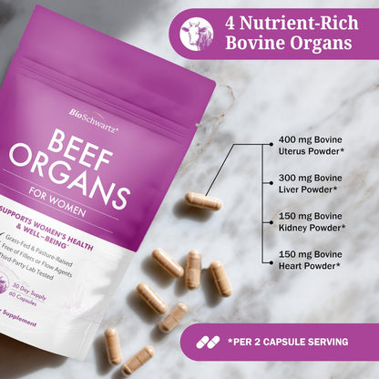 BioSchwartz Primal Beef Organ Supplement für Frauen – 60 Kapseln – Weidehaltung & Grasfütterung – Unterstützt gesunde Haare, Haut, Nägel und Hormonbalance – mit Rinderleber, Niere, Herz, Gebärmutterpulver