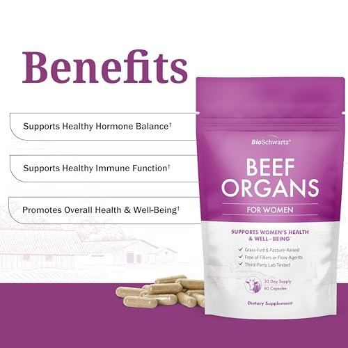 BioSchwartz Primal Beef Organ Supplement für Frauen – 60 Kapseln – Weidehaltung & Grasfütterung – Unterstützt gesunde Haare, Haut, Nägel und Hormonbalance – mit Rinderleber, Niere, Herz, Gebärmutterpulver