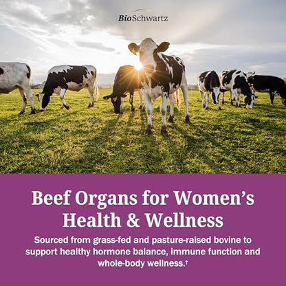 BioSchwartz Primal Beef Organ Supplement für Frauen – 60 Kapseln – Weidehaltung & Grasfütterung – Unterstützt gesunde Haare, Haut, Nägel und Hormonbalance – mit Rinderleber, Niere, Herz, Gebärmutterpulver