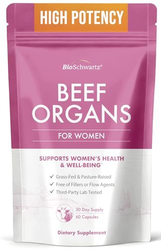 BioSchwartz Primal Beef Organ Supplement für Frauen – 60 Kapseln – Weidehaltung & Grasfütterung – Unterstützt gesunde Haare, Haut, Nägel und Hormonbalance – mit Rinderleber, Niere, Herz, Gebärmutterpulver
