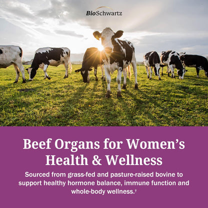 BioSchwartz Primal Beef Organ Supplement für Frauen – 60 Kapseln – Weidehaltung & Grasfütterung – Unterstützt gesunde Haare, Haut, Nägel und Hormonbalance – mit Rinderleber, Niere, Herz, Gebärmutterpulver