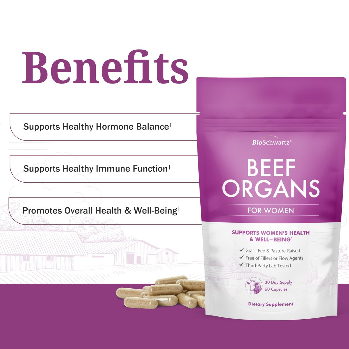 BioSchwartz Primal Beef Organ Supplement für Frauen – 60 Kapseln – Weidehaltung & Grasfütterung – Unterstützt gesunde Haare, Haut, Nägel und Hormonbalance – mit Rinderleber, Niere, Herz, Gebärmutterpulver