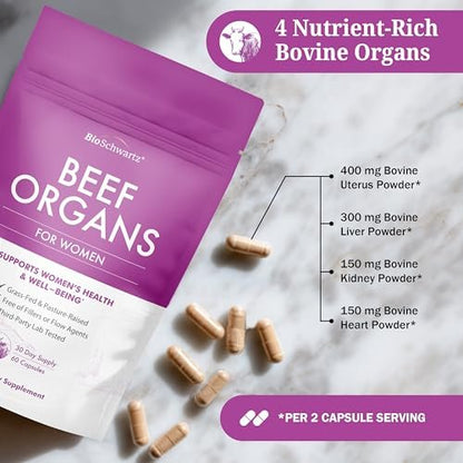BioSchwartz Primal Beef Organ Supplement für Frauen – 60 Kapseln – Weidehaltung & Grasfütterung – Unterstützt gesunde Haare, Haut, Nägel und Hormonbalance – mit Rinderleber, Niere, Herz, Gebärmutterpulver