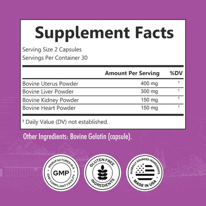 BioSchwartz Primal Beef Organ Supplement für Frauen – 60 Kapseln – Weidehaltung & Grasfütterung – Unterstützt gesunde Haare, Haut, Nägel und Hormonbalance – mit Rinderleber, Niere, Herz, Gebärmutterpulver