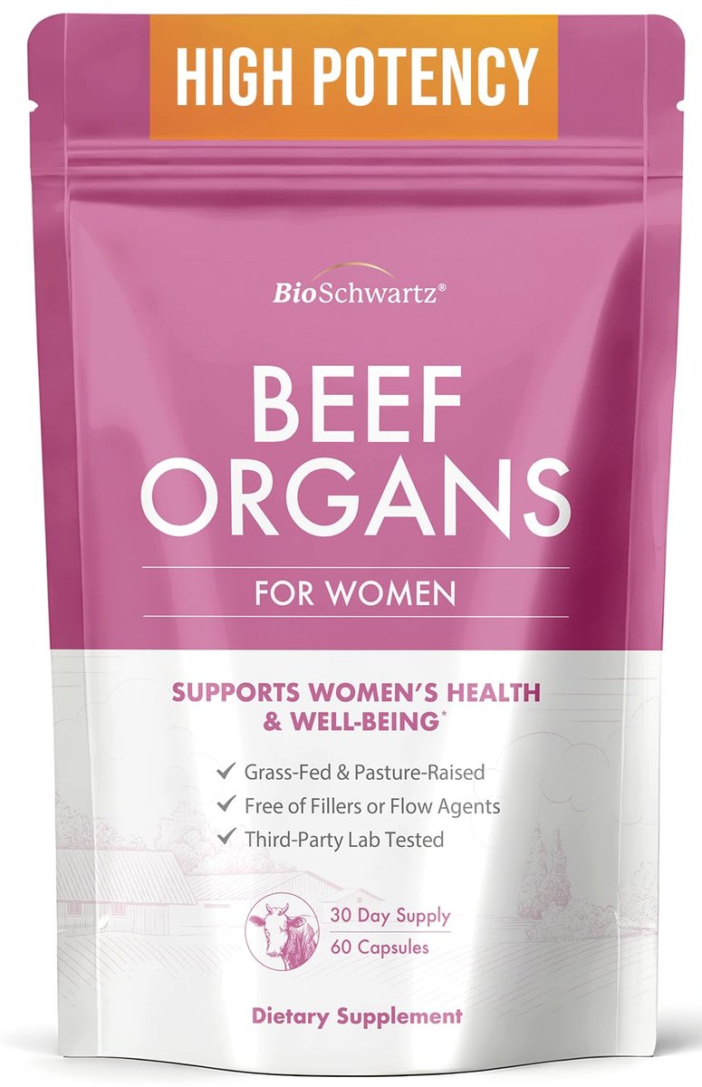 BioSchwartz Primal Beef Organ Supplement für Frauen – 60 Kapseln – Weidehaltung & Grasfütterung – Unterstützt gesunde Haare, Haut, Nägel und Hormonbalance – mit Rinderleber, Niere, Herz, Gebärmutterpulver
