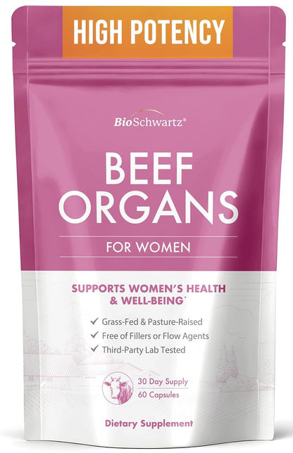 BioSchwartz Primal Beef Organ Supplement für Frauen – 60 Kapseln – Weidehaltung & Grasfütterung – Unterstützt gesunde Haare, Haut, Nägel und Hormonbalance – mit Rinderleber, Niere, Herz, Gebärmutterpulver