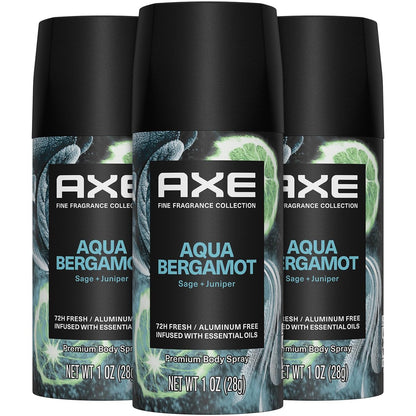 AXE Aluminiumfreies Deodorant, Reisegröße Bodyspray, Aqua Bergamot 3er-Pack, 72-Stunden-Geruchsschutz, Wacholder + Salbei, je 30 ml
