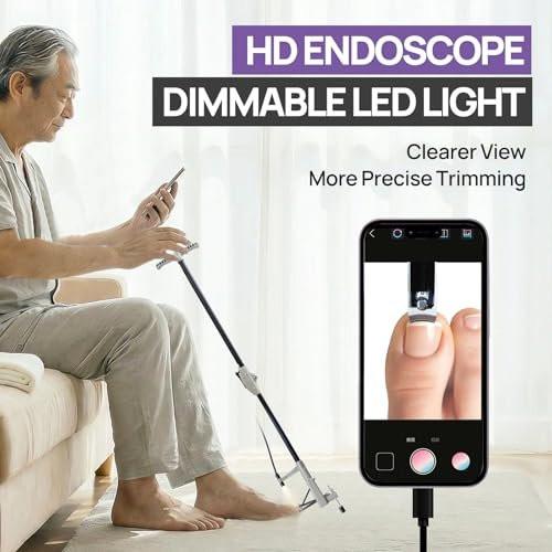 LookFox Langer Nagelknipser mit HD-Endoskop & LED-Licht, 32 Zoll klappbarer Aluminiumschaft, verstellbarer Stützfuß, Edelstahlklinge für dicke Nägel – Ideal für Senioren, Übergewichtige und Arthritiker