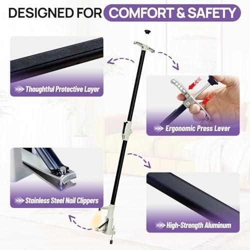 LookFox Langer Nagelknipser mit HD-Endoskop & LED-Licht, 32 Zoll klappbarer Aluminiumschaft, verstellbarer Stützfuß, Edelstahlklinge für dicke Nägel – Ideal für Senioren, Übergewichtige und Arthritiker