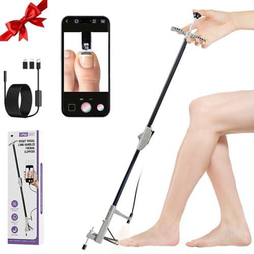 LookFox Langer Nagelknipser mit HD-Endoskop & LED-Licht, 32 Zoll klappbarer Aluminiumschaft, verstellbarer Stützfuß, Edelstahlklinge für dicke Nägel – Ideal für Senioren, Übergewichtige und Arthritiker