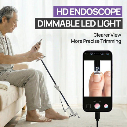 LookFox Langer Nagelknipser mit HD-Endoskop & LED-Licht, 32 Zoll klappbarer Aluminiumschaft, verstellbarer Stützfuß, Edelstahlklinge für dicke Nägel – Ideal für Senioren, Übergewichtige und Arthritiker