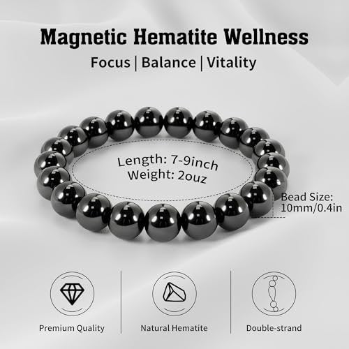 PEALICIOUS Hämatit-Armband für Männer, 10 mm Magnetarmband mit natürlichen Hämatit-Perlen, schwarzer Magnetschmuck mit Energiestein für Gleichgewichtskraft, inspirierendes Geschenk