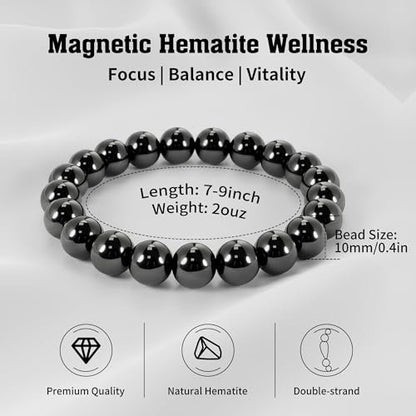 PEALICIOUS Hämatit-Armband für Männer, 10 mm Magnetarmband mit natürlichen Hämatit-Perlen, schwarzer Magnetschmuck mit Energiestein für Gleichgewichtskraft, inspirierendes Geschenk