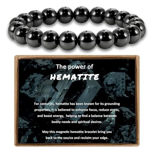 PEALICIOUS Hämatit-Armband für Männer, 10 mm Magnetarmband mit natürlichen Hämatit-Perlen, schwarzer Magnetschmuck mit Energiestein für Gleichgewichtskraft, inspirierendes Geschenk