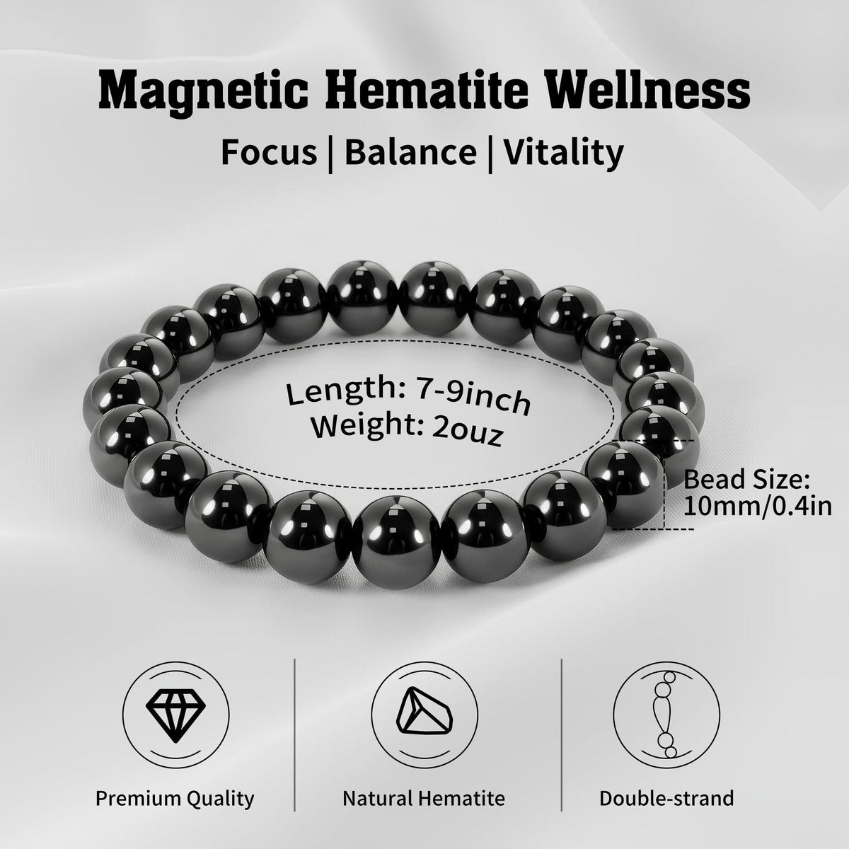 PEALICIOUS Hämatit-Armband für Männer, 10 mm Magnetarmband mit natürlichen Hämatit-Perlen, schwarzer Magnetschmuck mit Energiestein für Gleichgewichtskraft, inspirierendes Geschenk
