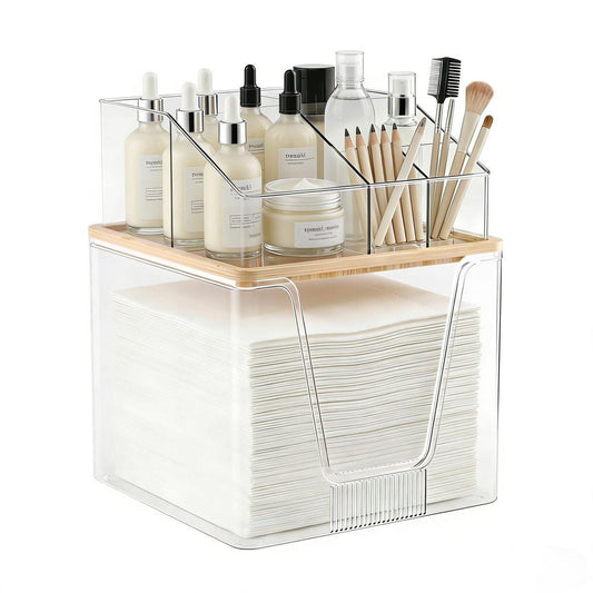 2-in-1 Spender für Einweg-Gesichtstücher und Kosmetik-Organizer, Klar mit Bambusdeckel, Kompatibel mit Clean Skin Club Towel XL, Stapelbarer Schminktisch-Organizer für Badezimmer, 2 Etagen