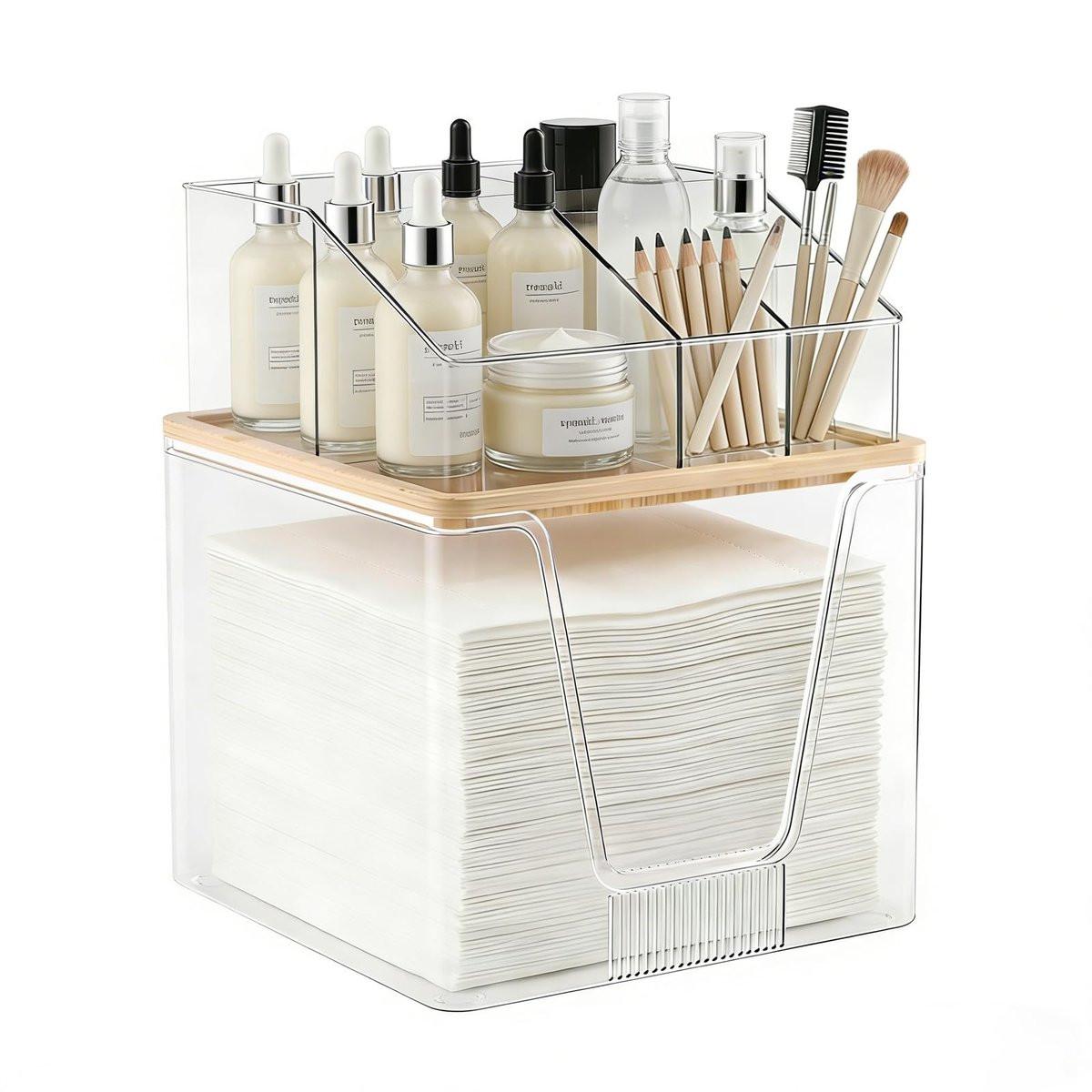 2-in-1 Spender für Einweg-Gesichtstücher und Kosmetik-Organizer, Klar mit Bambusdeckel, Kompatibel mit Clean Skin Club Towel XL, Stapelbarer Schminktisch-Organizer für Badezimmer, 2 Etagen