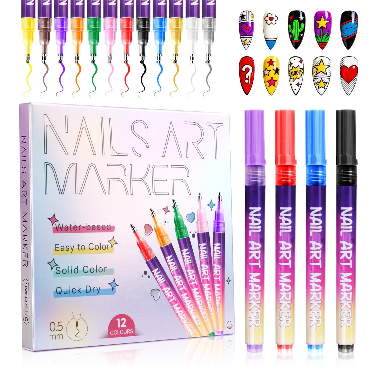 Anytin 12 Farben Nagelkunst-Marker-Set – 0,5 mm ultrafeine Spitze, schnell trocknend, wasserfest, kein UV-Licht nötig, DIY Nagelkunst für Anfänger, Ostergeschenk