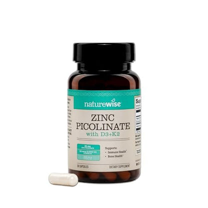 NatureWise Zink Picolinat mit D3 + K2 – Zink für Männer & Frauen + Vitamin D3 K2 – Unterstützt Immun- und Knochengesundheit* – Non-GMO, glutenfrei, hergestellt in den USA – 30 Kapseln (30-Tage-Versorgung)