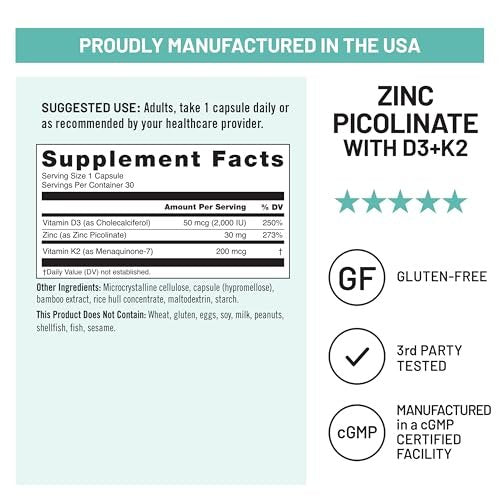 NatureWise Zink Picolinat mit D3 + K2 – Zink für Männer & Frauen + Vitamin D3 K2 – Unterstützt Immun- und Knochengesundheit* – Non-GMO, glutenfrei, hergestellt in den USA – 30 Kapseln (30-Tage-Versorgung)