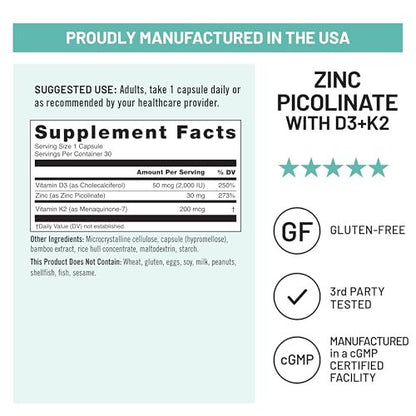 NatureWise Zink Picolinat mit D3 + K2 – Zink für Männer & Frauen + Vitamin D3 K2 – Unterstützt Immun- und Knochengesundheit* – Non-GMO, glutenfrei, hergestellt in den USA – 30 Kapseln (30-Tage-Versorgung)