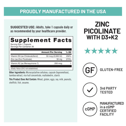 NatureWise Zink Picolinat mit D3 + K2 – Zink für Männer & Frauen + Vitamin D3 K2 – Unterstützt Immun- und Knochengesundheit* – Non-GMO, glutenfrei, hergestellt in den USA – 30 Kapseln (30-Tage-Versorgung)
