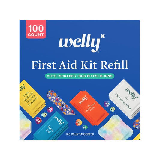 Welly First-Hilfe-Nachfüllpackung (100 Stück) – Individuelle Pflaster, Reinigungstücher, Antibiotika-Salbe, Brandgel, Hydrocortison-Creme & Mückenstich-Pflaster