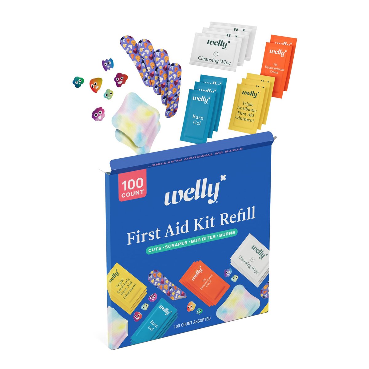 Welly First-Hilfe-Nachfüllpackung (100 Stück) – Individuelle Pflaster, Reinigungstücher, Antibiotika-Salbe, Brandgel, Hydrocortison-Creme & Mückenstich-Pflaster