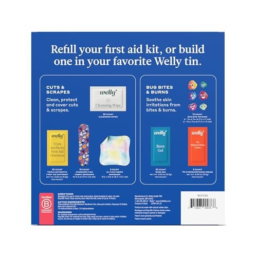 Welly First-Hilfe-Nachfüllpackung (100 Stück) – Individuelle Pflaster, Reinigungstücher, Antibiotika-Salbe, Brandgel, Hydrocortison-Creme & Mückenstich-Pflaster