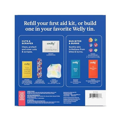 Welly First-Hilfe-Nachfüllpackung (100 Stück) – Individuelle Pflaster, Reinigungstücher, Antibiotika-Salbe, Brandgel, Hydrocortison-Creme & Mückenstich-Pflaster