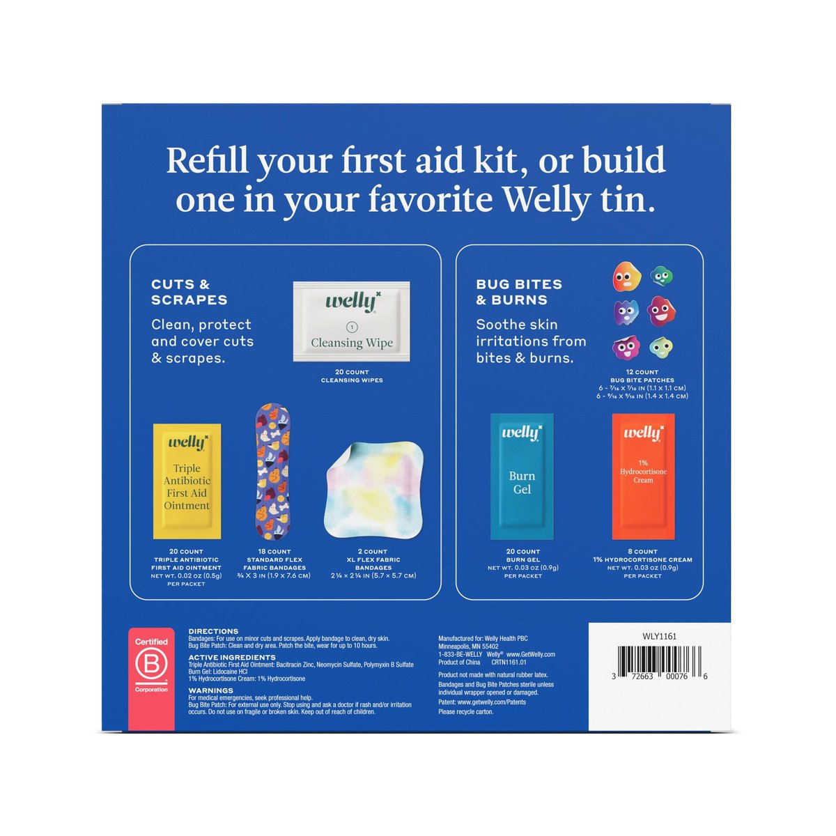 Welly First-Hilfe-Nachfüllpackung (100 Stück) – Individuelle Pflaster, Reinigungstücher, Antibiotika-Salbe, Brandgel, Hydrocortison-Creme & Mückenstich-Pflaster