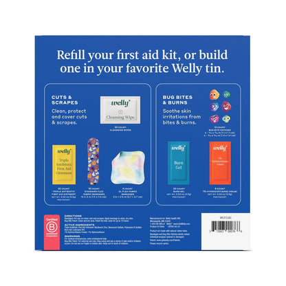 Welly First-Hilfe-Nachfüllpackung (100 Stück) – Individuelle Pflaster, Reinigungstücher, Antibiotika-Salbe, Brandgel, Hydrocortison-Creme & Mückenstich-Pflaster